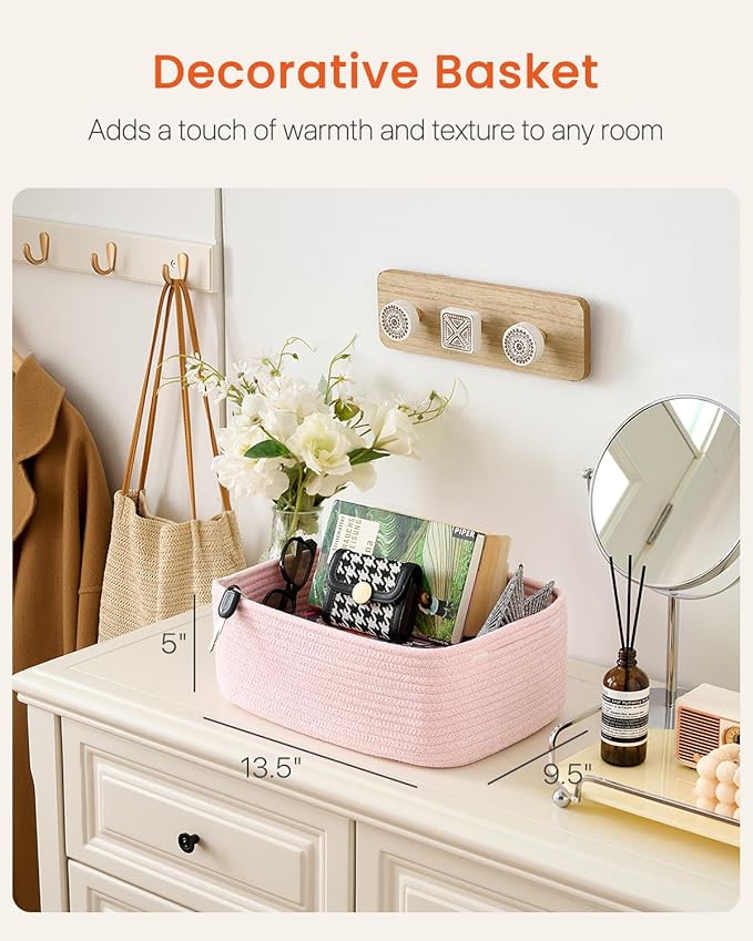 KALLAX Small Woven Basket, 13.5 x 9.5 x 5 Inches, Storage Basket for Organizing, Cute Small Rope Shelf Closet Cube Storage Bins Baskets for Shelves, Dog Toy Gift Baskets Empty, 3 Pack Light Pink