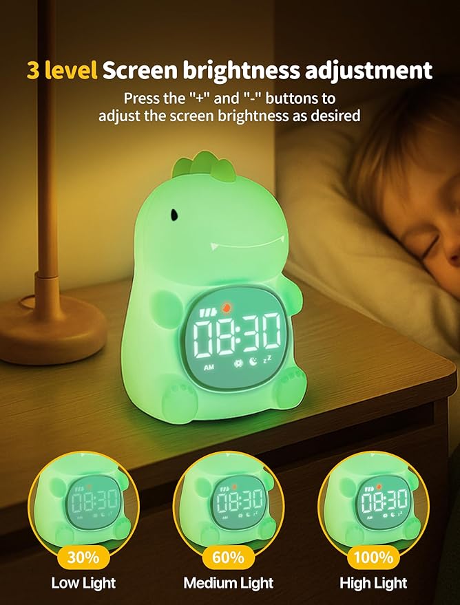 MASHI Kids Alarm Clock, Toddler Sleep Training Clock with Sun & Moon, Sleep Sound Machine, Night Lights, Ok to Wake Dinosaur Clock, Gift Ideas for Kids Child