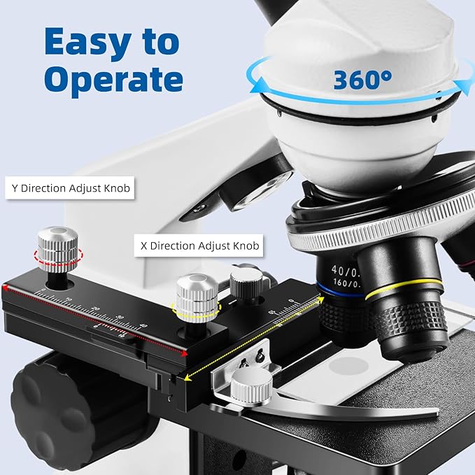 Microscope for Adults Kids,40X-2000X Monocular Microscope Kit for Home School Lab, 2 LED Lights & 5 Colors Kids Microscope with Phone Holder,10 Specimen Slides,20 Slides,100 Coverslips, Bag