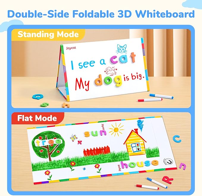 JoyCat Classroom Magnetic Letters Kit 248 Pcs with Double-Side 3D Foldable Magnetic Board - Foam Alphabet Letters&Numbers for Kids Spelling and Learning, Letter Board Tabletop Easel