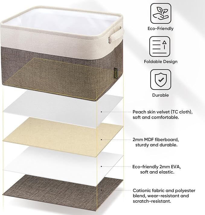 BALEINE 3 Pack Fabric Storage Bins for Shelves, Linen Storage Baskets for Organizing, Decorative Closet Bins for Clothes, Home (Brown, 12"x8"x8")