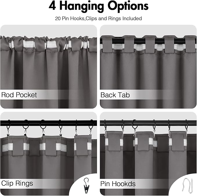ANRODUO Back Tab Blackout Curtains for Bedroom Living Room, Rod Pocket Pinch Pleated Thermal Insulated Room Darkening Curtains 63 Inches Long 2 Panels, Grey, 42 x 63 Inch
