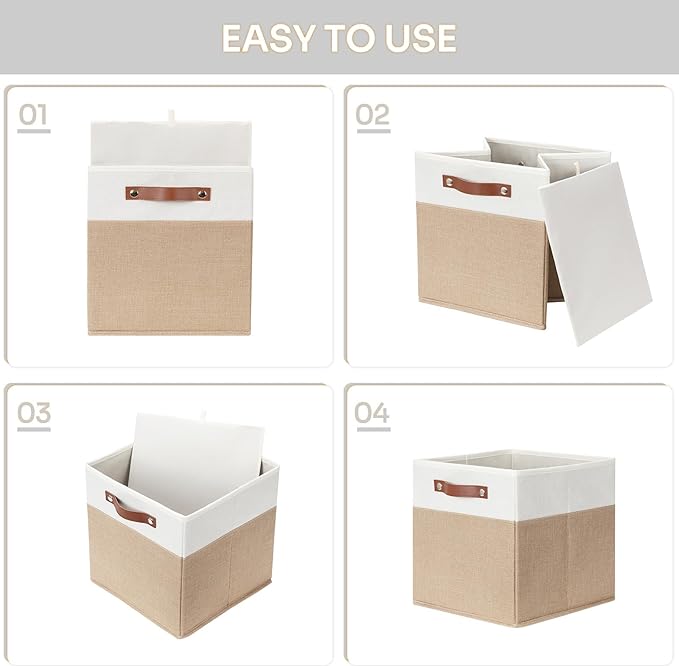 HNZIGE Fabric Storage Cubes, Cube Storage Bins 12 x 12, Set of 4, Decorative Storage Baskets for Shelves with Handles,Foldable Bins for Cube Shelf Organizer Home Toy Nursery Closet(Beige White)