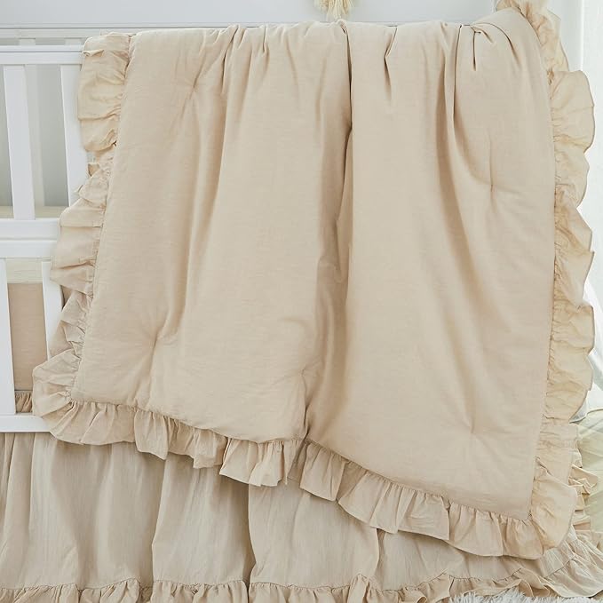Brandream Gender Neutral Boho Bohemian Baby Girl Boy Nursery Crib Bedding Set 3 Pieces Solid Beige Farmhouse Chic Ruffle Unisex Cozy 100% Washed Cotton