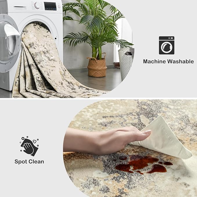 Kelarea Living Room Rug, Modern Abstract Washable Rugs Non Slip Faux Wool Vintage Rug, Non-Shedding Carpet for Living Room, Bedroom, Dining Room, Kids Playroom (Beige, 5' x 7' (Rectangular))