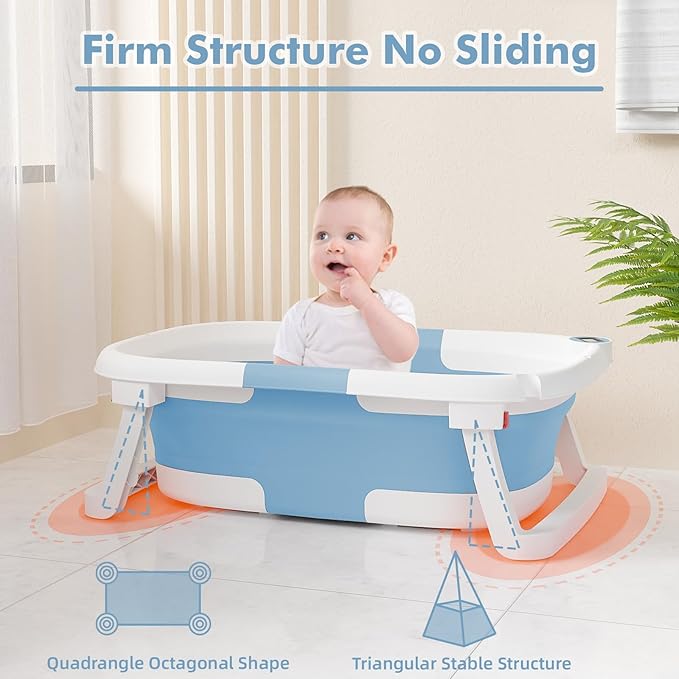 Collapsible Baby Bathtub,Baby Bath Tub with Soft Cushion & Thermometer,Baby Bathtub Newborn to Toddler 0-36 Months,Portable Travel Baby Tub