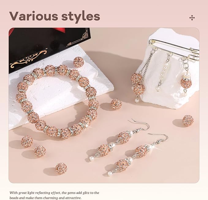 200pcs 10mm Rhinestone Beads for Jewelry Making, Light Peach Shiny Round Disco Ball Beads Bulk, Sparkle Crystal Clay Christmas for Bracelet Baseball Necklace Earring Crafting and DIY