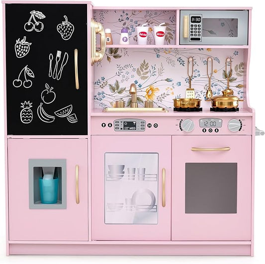 HONEY JOY Kids Kitchen Playset, Wooden Little Chef Pretend Toy Kitchen Set w/Chalkboard, Telephone, Utensils, Oven, Microwave, Sink, Storage, Play Kitchen for Toddlers Boys Girls, Pink Flower