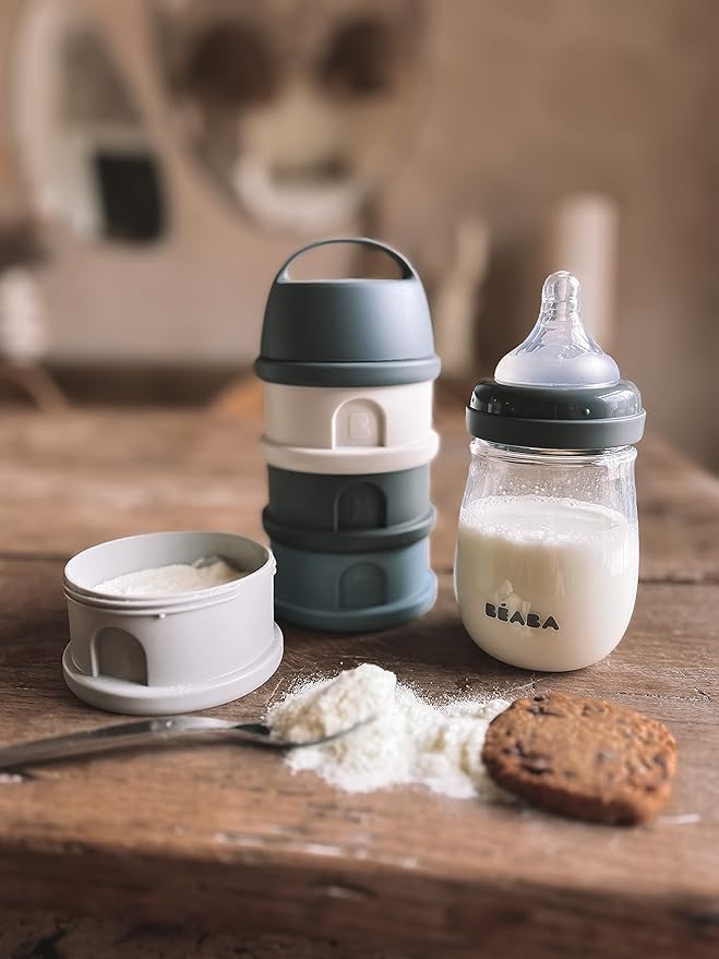 BEABA Formula and Snack Container, Baby Formula Dispenser, Toddler Baby Snack Storage Container, Holds up to 11 Doses of Milk Powder Per Compartment, Made in France, Rain