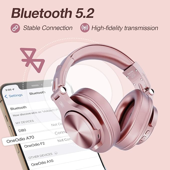 OneOdio A70 Bluetooth Over Ear Headphones, Wireless Headphones w/ 72H Playtime, Hi-Res, 3.5mm/6.35mm Wired Audio Jack for Studio Monitor & Mixing DJ Guitar AMP, Computer Laptop PC Tablet - Rose Gold