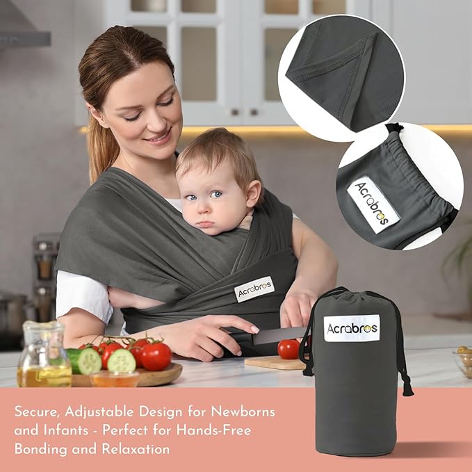 Acrabros Baby Wrap Carrier,Hands Free Baby Carrier Sling,Lightweight,Breathable,Softness,Perfect for Newborn Infants and Babies Shower Gift,Dark Grey