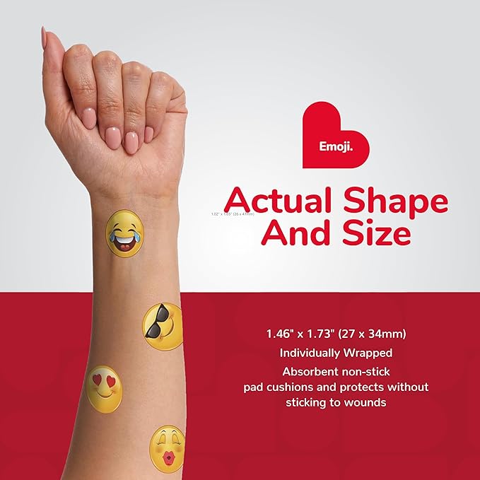 BioSwiss Bandages, Emoji Shaped Self Adhesive Bandage, Latex Free Sterile Wound Care, Fun First Aid Kit Supplies for Kids, 50 Count