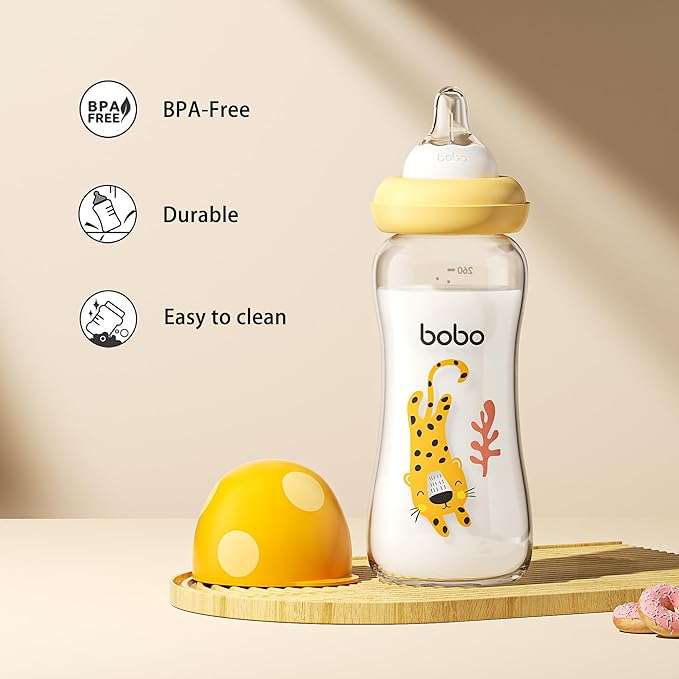 YOHKOH Natural Glass Baby Bottle with Natural Response Nipple, Newborn Anti-Colic Baby Bottles, Wide Neck Mushroom Cap Baby Bottle, Clear (8.8ounce (Pack of 2), Yellow2)