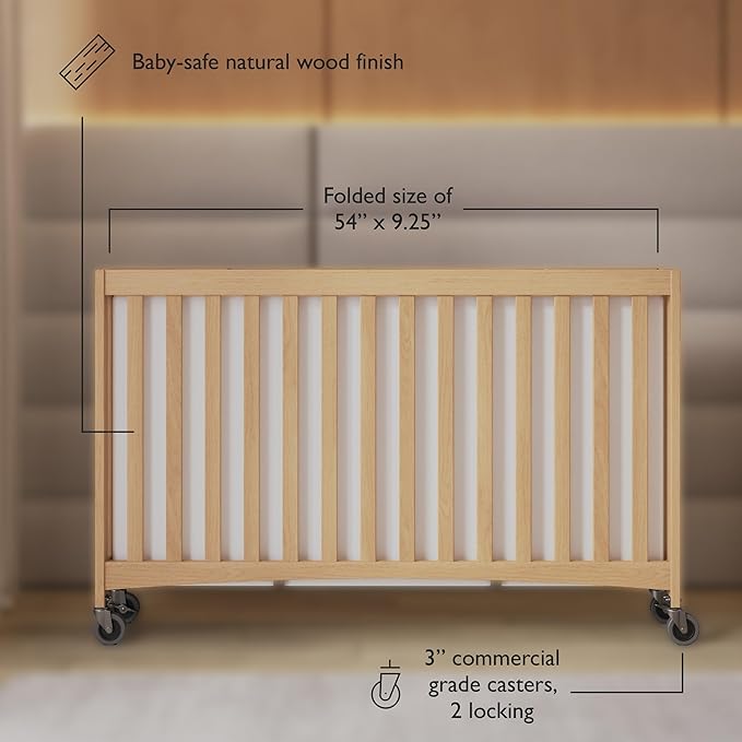 Foundations Full Size Travel Sleeper Folding Hotel Crib and Sheet Bundle - Includes Wooden Portable Crib with 3" Foam Mattress (Natural) and 6-Pack White Fitted Full Size Sheets