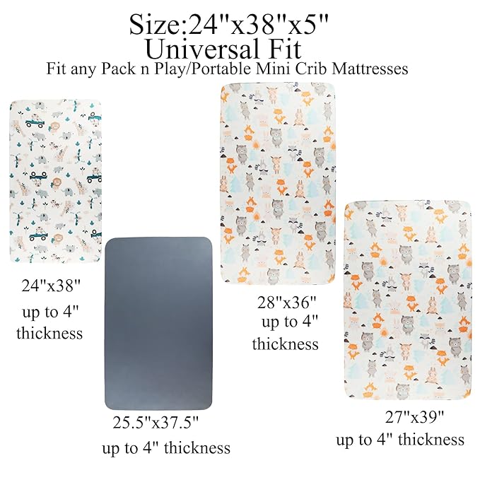 Pack n Play Sheet Stretchy Fitted Portable Mini Crib Sheets Set 3 Pack,Playard Sheets Convertible Playard Mattress Cover,Ultra Soft Jersey Material,Elephant Tiger,Fox & Grey