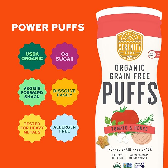 Serenity Kids 6+ Months Grain-Free Allergen-Safe Puffs for Toddlers & Babies - No Grains, Gluten, Nuts, Rice - Organic Veggies, Legumes, Olive Oil, Tomato & Herbs - 6 Count - Can Of Puffs