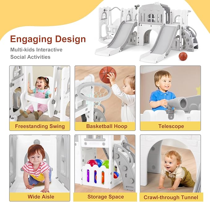 JOYLDIAS 10 in 1 Toddler Slide, Double Kid Climber Slide Playset w/Swing, Basketball Hoop, Telescope, Tunnel, Storage Space and Non-Slip Steps, Indoor Outdoor Backyard Playground Toy for Toddlers