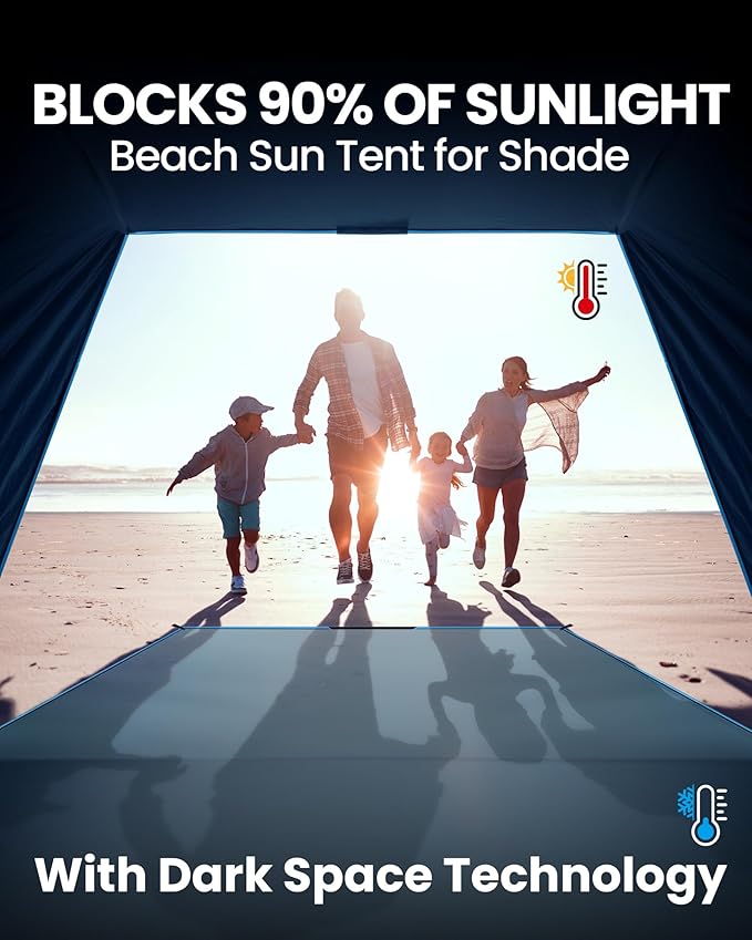 OutdoorMaster Beach Tent with Blackout Shelter Technology, Portable Beach Shade Sun Shelter Canopy for 4-6 Person with UPF 50+ UV Protection, Easy Setup Pop Up Tent Family Size