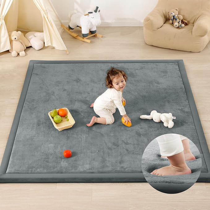 1.3" Thick Baby Play Mat for Floor, 39x59 Foam Tummy Time Mat, Padded Support Soft Plush Nursery Rug for Infant Kids Toddler Crawling Kick Activity (Dark Grey)