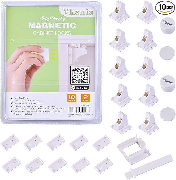 10 Pack Vkania Magnetic Cabinet Locks Baby Proofing - Baby Safety Latches for Drawers and Cabinets - Easy Installation No Drilling