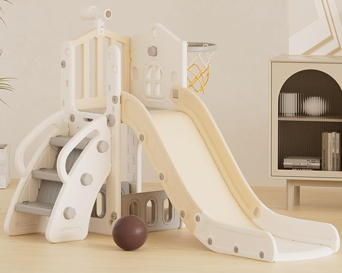 XJD 5 in 1 Toddler Slide, Kids Slide for Toddlers Age 1-3, Outdoor Indoor Playset for Toddlers with Basketball Hoop and Ball, Storage Space and Non-Slip Steps Telescope (Beige)
