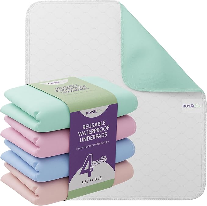 Incontinence Bed Pads - 4 Pack 34" x 36" Reusable Waterproof Mattress Protectors - Highly Absorbent, Machine Washable - for Children, Pets and Seniors - Multi Color - Royal Care