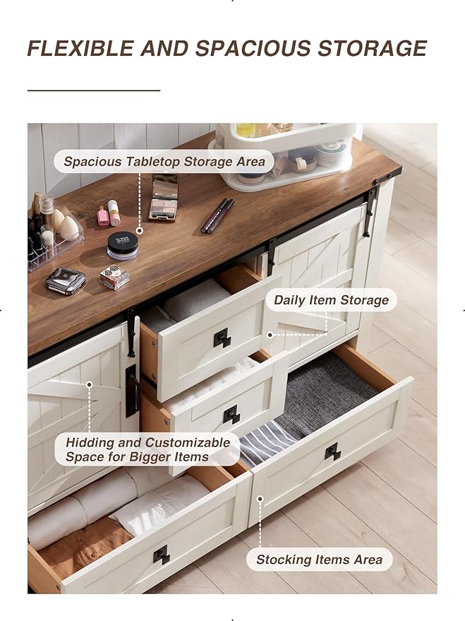 T4TREAM Farmhouse Dresser for Bedroom w/4 Drawers & Sliding Barn Doors, 48'' Wide Chest of Drawers, Rustic Dresser TV Stand w/Shelf, Organizer for Bedroom, Living Room, Entryway, Antique White