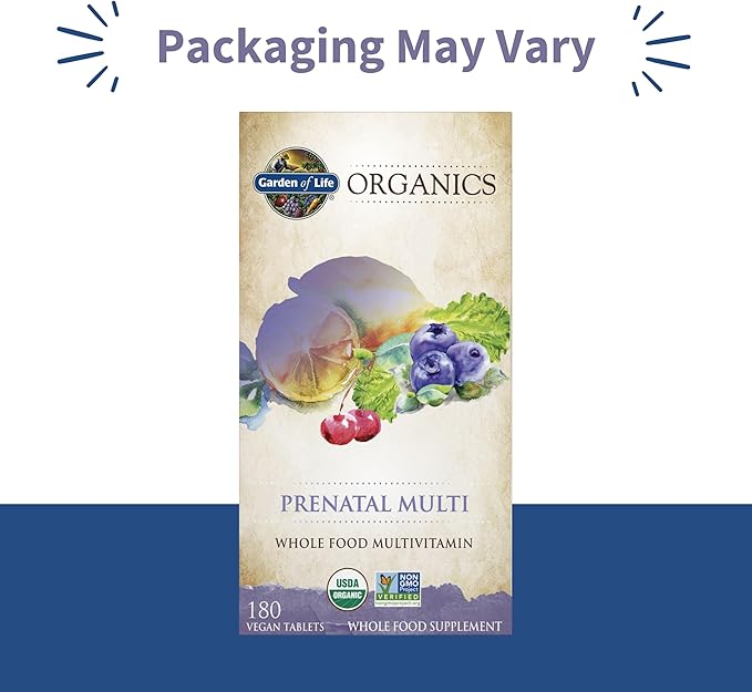 Garden of Life Organics Women’s Prenatal Multivitamin with Vitamin D3, B6, B12, C & Iron, Folate for Energy & Healthy Fetal Development – Organic, Non-GMO, Gluten-Free, Vegan, 60 Day Supply