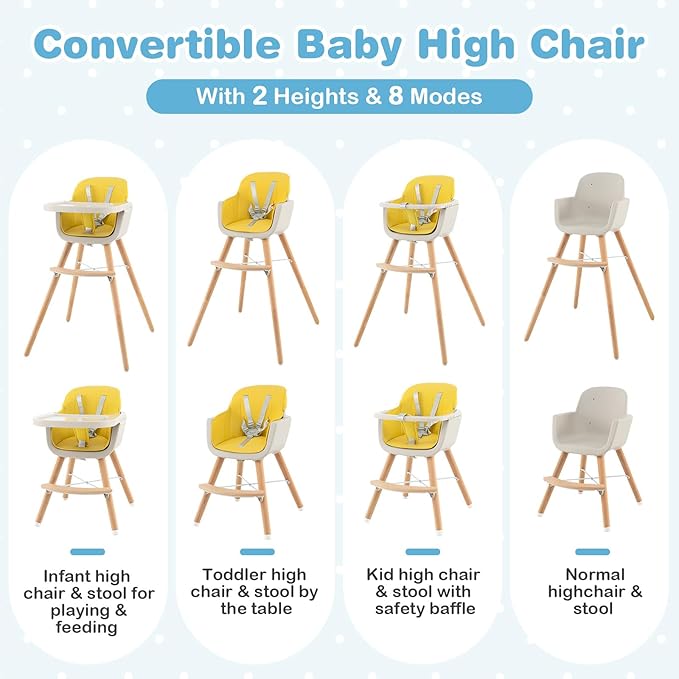 HONEY JOY High Chair, 3-in-1 Eat & Grow Wooden Highchair/Booster Seat/Toddler Chair with Removable Tray, 5-Point Harness, PU Cushion and Footrest for Baby, High Chair for Babies and Toddlers Yellow