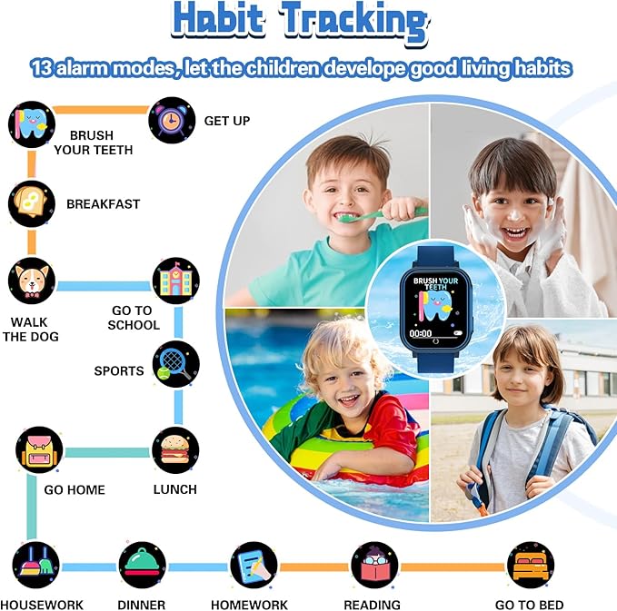 Kids Smart Watch Gift for Boys Ages 3-12, IP67 Waterproof, 32 Puzzle Games, HD Touchscreen Dual Camera Vedio Pedometer Music Player, Kids Watch Toy Birthday Gifts for Boys Ages 5 6 7 8 9 10 (Blue)