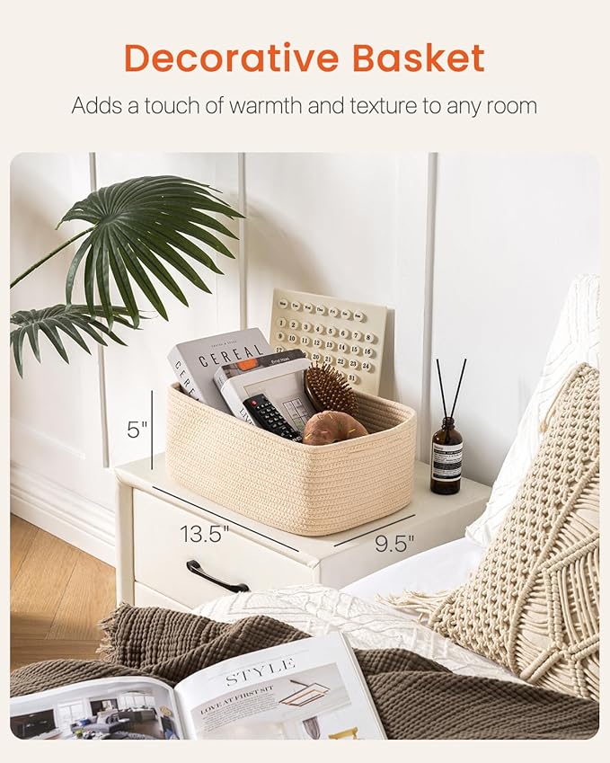 KALLAX Small Woven Basket, 13.5 x 9.5 x 5 Inches, Storage Basket for Organizing, Cute Small Rope Shelf Closet Cube Storage Bins Baskets for Shelves, Dog Toy Gift Baskets Empty, 3 Packs, Beige