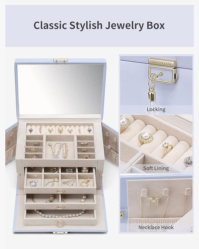 Vlando Jewelry Box for Girls, 4-Tier Jewelry Organizer with Lock, Mirror Jewelry Box for Earring, Ring, Necklace and Bracelets - Purple
