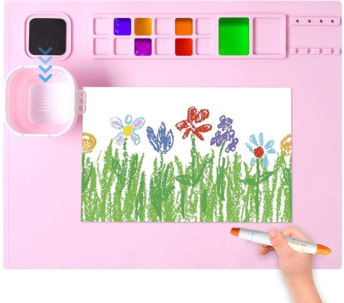 AWOKE Silicone Painting Mat for Table Protection - 20"X16" Washable Art Mat with 1 Water Cup for Kids - Craft Mat has 12 Color Dividers - 2 Paint Palettes (Pink), Toddler Activities, Girl Boy Gifts