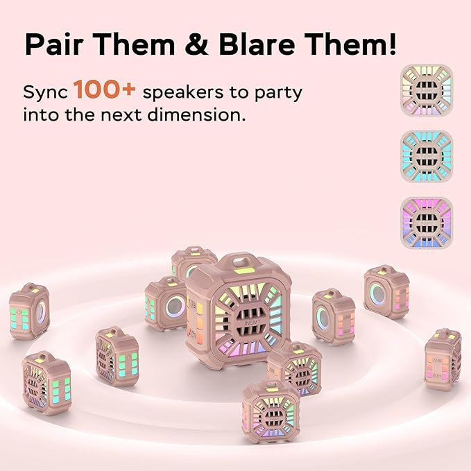 INSMY IP67 Waterproof Bluetooth Speaker, Shower Speaker Portable Small Clip-on, Multi Sync 100+ Speakers, Big Volume Booming Bass, 24H Playtime/Floatable/RGB Lights for Outdoor/Kayak/Beach(Pink)