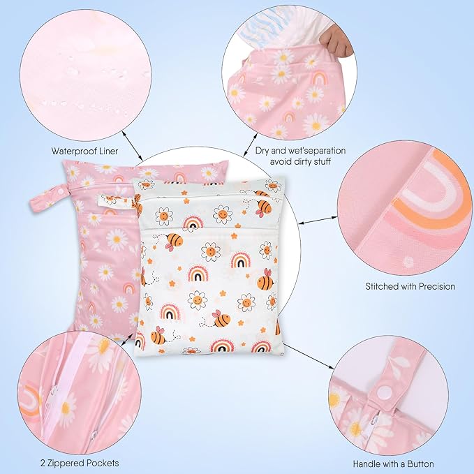 2pcs Travel Waterproof Laundry Bag, Cloth Diaper Wet Dry Bags with Handle & 2 Zipper Pockets, Reusable Washable Dirty Clothes Bag for Baby Adult Travelling Hanging, Bathing Beach Pool Daycare