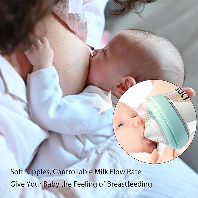 Natural Glass Baby Bottle for Breastfeeding Babies, 5.4oz Anti-Colic Baby Bottle with Natural Response Nipple(S), Clear, Wide Neck, 2 Pack, 1 Months+