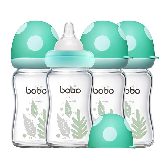 YOHKOH Natural Glass Baby Bottle with Natural Response Nipple, Newborn Anti-Colic Baby Bottles, Wide Neck Mushroom Cap Baby Bottle, Clear ((5.4oz (Pack of 4), Blue-A)