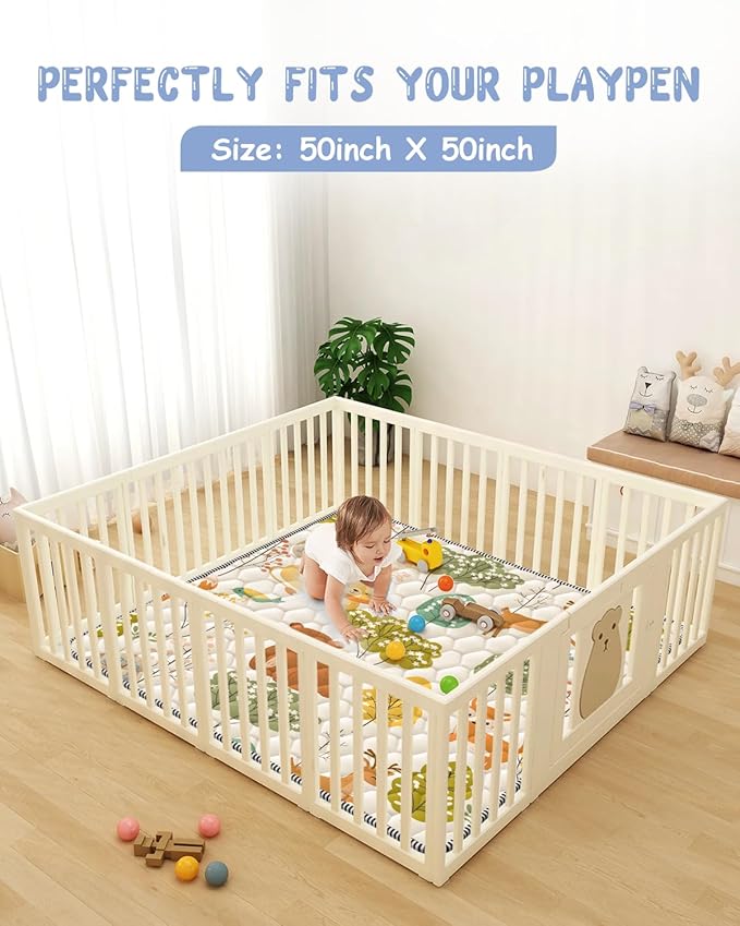 Baby Play Mat 50" X 50" Playpen Mat Waterproof Baby Floor Mat Non-Slip Cushioned Baby Crawling Mat, Activity Playmats for Babies, Toddlers, Infants, Play & Tummy Time (50x50, Fox)