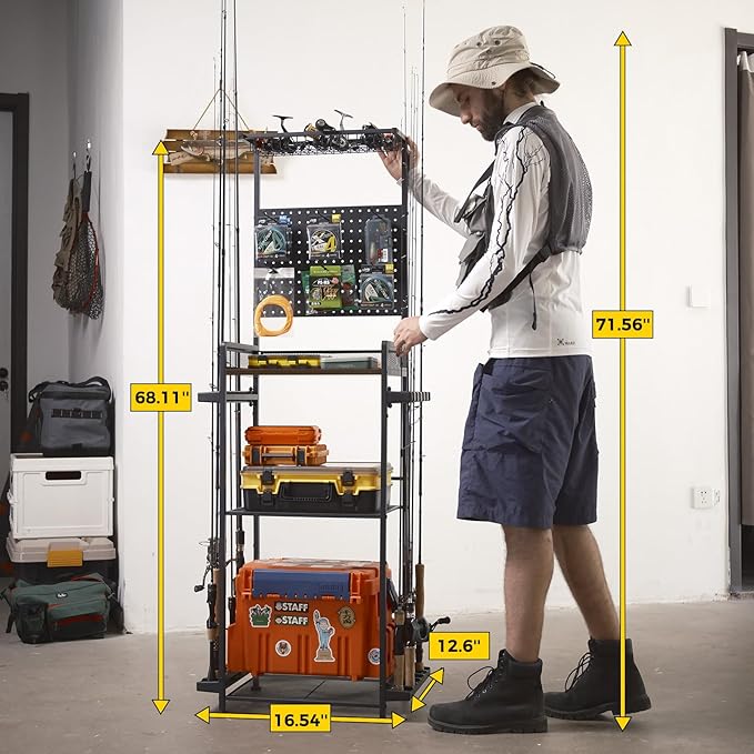 SOYEEZE Fishing Rod Holders for Garage,Fishing Gear Holder for Fishing Rod Tackle Box Storage，Fishing Pole Holders for 12 Rods with Hooks and Pegboard,Fishing Cart with Reel Rack
