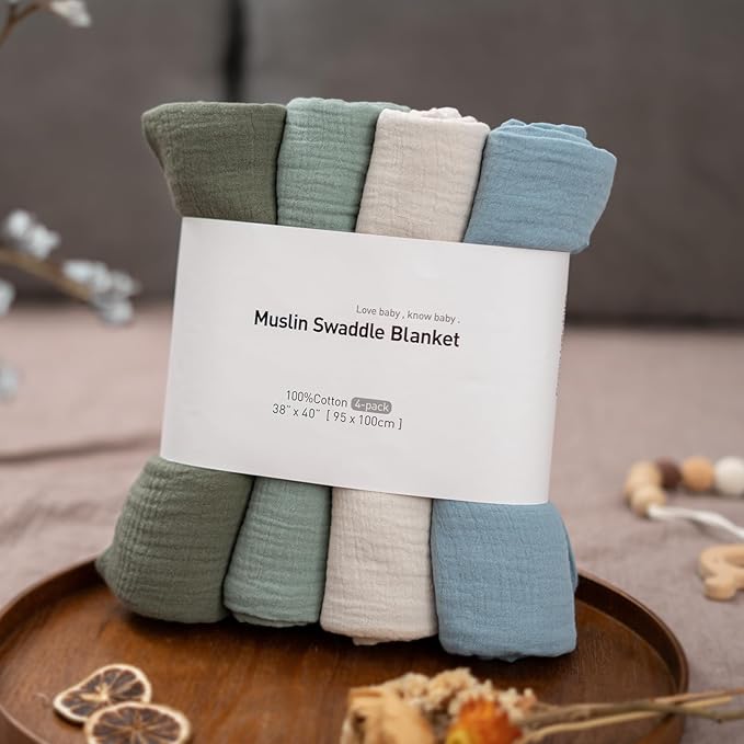 GLLQUEN BABY Muslin Swaddle Blankets for Boys and Girls, 4-Pack Baby Blankets for Girl Boy, Newborn Receiving Blanket, Baby Swaddle Blanket Unisex, Baby Essentials, Registry & Gift, 40 x 38 inches