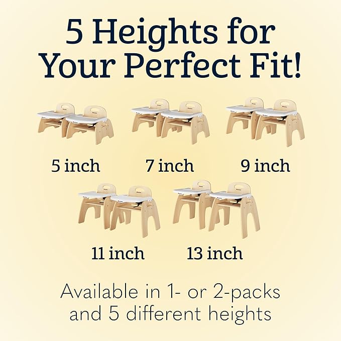 Foundations Easy Serve Low Wood Feeding Chairs Multipack, Adjustable Harness, Removable Dishwasher Safe Tray, No-Tip Base, Stackable Toddler Chairs, 2 Pack (5 inch)