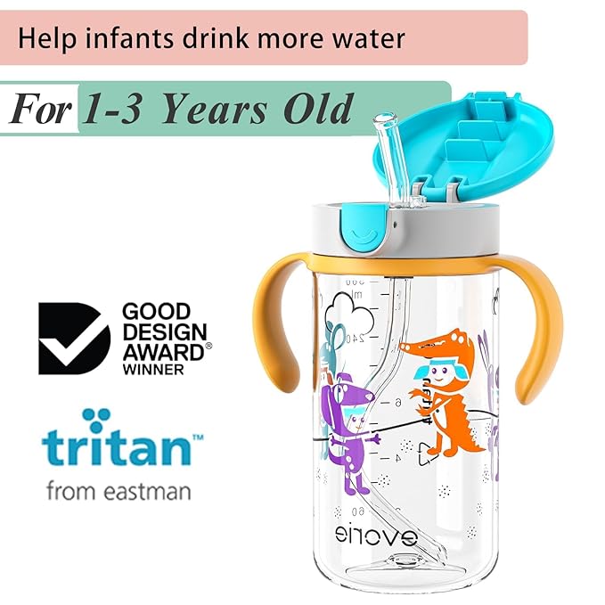 Evorie Tritan Spill Proof Toddler Straw Sippy Cup, 10 oz for Baby and Toddlers 1-3 Years Old, No Spill Straw Water Bottle with Removable Handles, Ideal for School, BPA-Free (Imaginations)