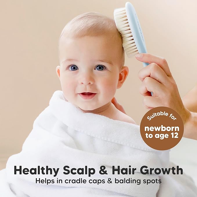Baby Hair Brush and Comb Set for Newborn - Wooden Baby Hair Brush Set with Soft Goat Bristle, Baby Brush Set for Newborns, Baby Brush and Comb Set Girl, Boy, Toddler Cradle Cap Brush (Oval, Frost)