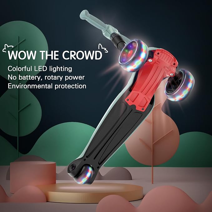 LOL-FUN Toddler Scooter for Kids Ages 3-12 Years Old Boy Girl with 3 Wheel LED Lights, Extra-Wide Childrens Foldable Kick Scooter Kids Ages 3-5 with 4 Adjustable Height and Lean-to-Steer