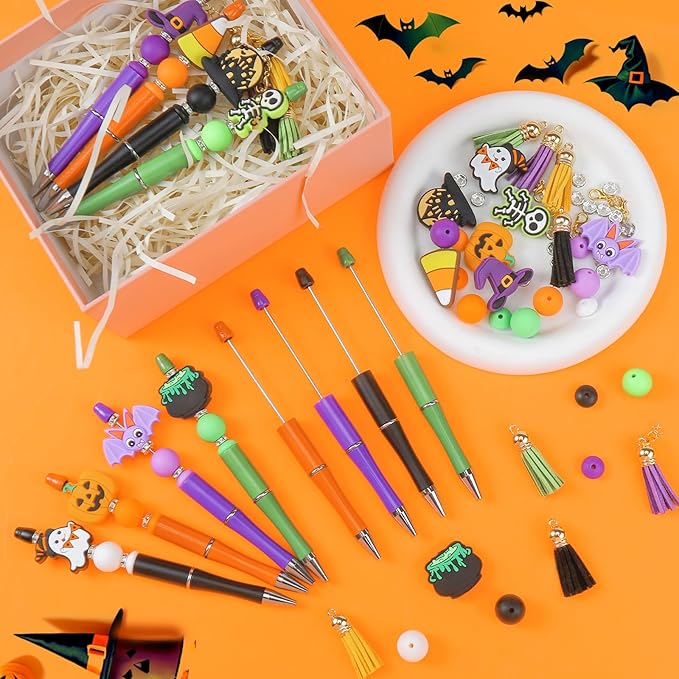 CZWZ Halloween Beadable Pens, Plastic Beadable Pens with 8 Pcs Multicolor Silicone Beads, Halloween Pumpkin Bat Skull Ghost Witch Hat Pens for Halloween Gifts Office Supplies