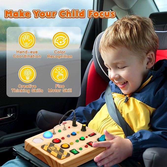 LED Busy Board, Wooden Sensory Toys for Toddler, Montessori Music Toy for Airplane, Travel Activity Educational Learning Toy, Busy Light Switch Autism Toys, Birthday Boys Girls Gifts