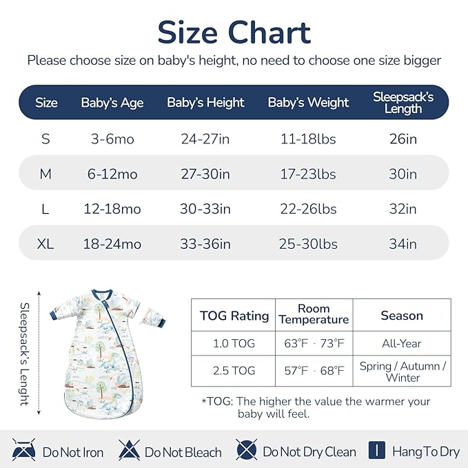 Baby Sleep Sack 6-12 Months, Cotton Detachable Long Sleeve Sleep Sack, 2.5 Tog Toddler Sleeping Sack with Temperature Strips, 2-Way Zipper Wearable Blankets for Newborns, Dinosaur