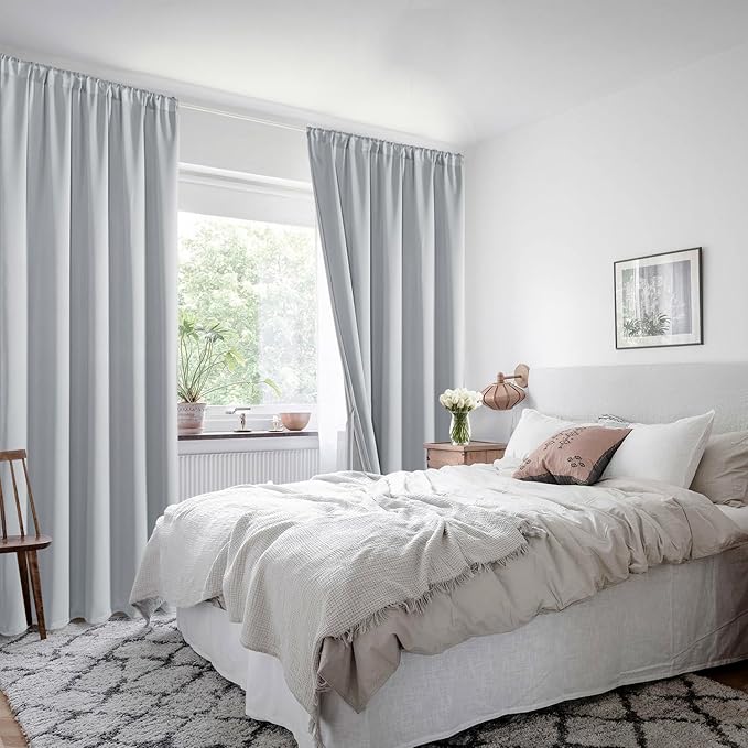 XWZO Full Shading Blackout Curtains 45 Inches Length with Tiebacks- Heat and Light Blocking Rod Pocket Window Drapes with Black Liner Backing for Bedroom/Kid's Room, Light Grey, W52 x L45, Set of 2