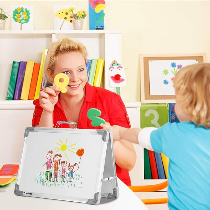 Small Dry Erase White Board – TANKEE Magnetic Desktop Foldable Whiteboard Portable Mini Easel Double Sided on Table Top with Holder for Drawing, Teacher Instruction, Memo Board