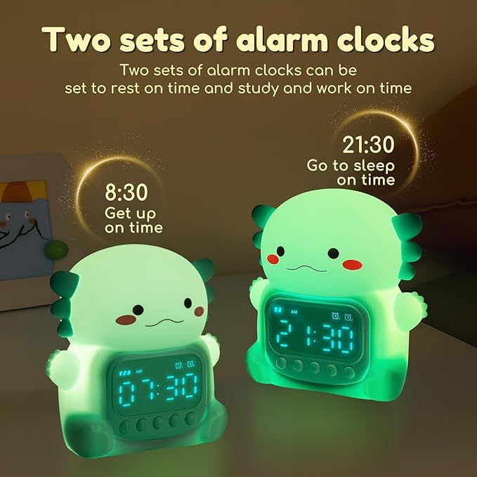Axolotl Alarm Clock with Night Light for Kids, 7 RGB Color Cute Alarm Clocks for Bedrooms Ok to Wake Clocks, Silicone Animal Tabletop Lamp for Teen Girls Boys, Green